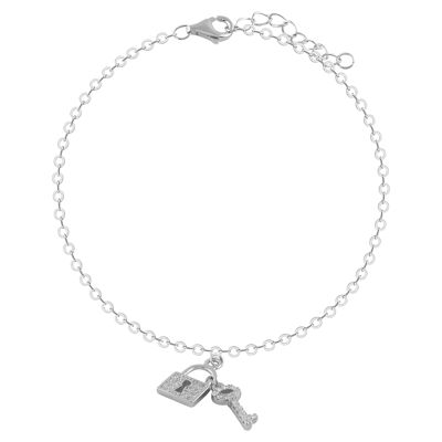 Silver and zircons bracelet with key and padlock