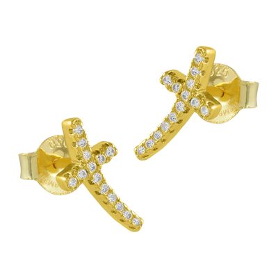 Silver elongated cross earrings with zircons