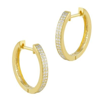 Creole earrings in gold-plated silver and zirconia two lanes medium size