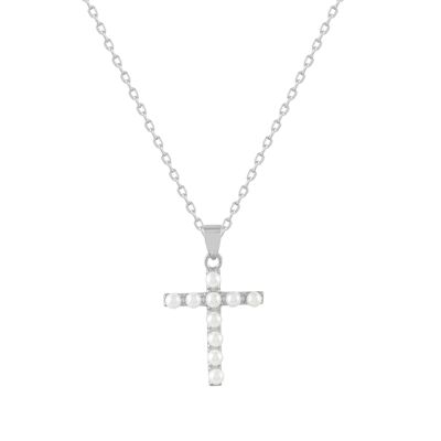 Silver and pearl cross pendant necklace