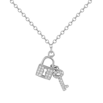 Silver necklace with key and padlock zircons