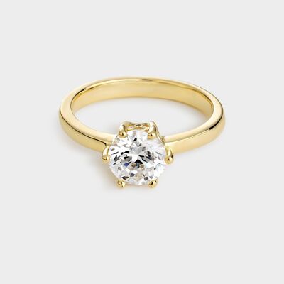 Yellow gold plated silver solitaire ring with 7 mm zirconia mounted on 6 claws