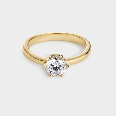 Yellow gold plated silver solitaire ring with 6 mm zirconia mounted on 6 claws