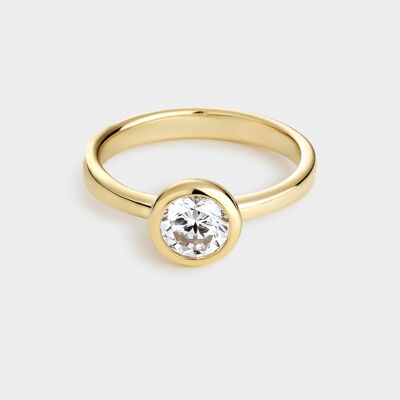 Yellow gold plated silver solitaire ring with 6mm bezel set zirconia