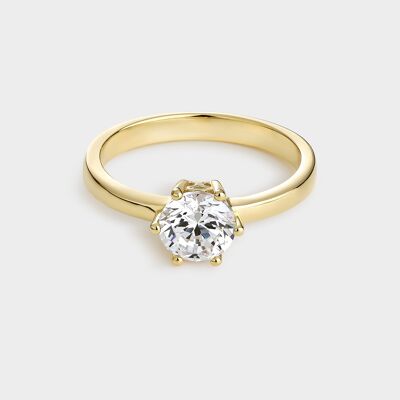 Yellow gold plated silver solitaire ring with 6.5 mm zirconia mounted on 6 claws