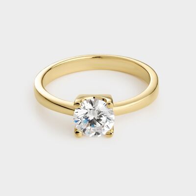 Yellow gold plated silver solitaire ring with 6.5 mm zirconia mounted on 4 claws