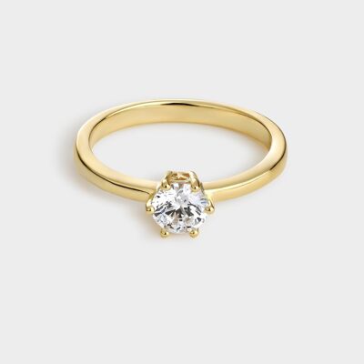 Yellow gold plated silver solitaire ring with 5.25 mm zirconia mounted on 6 claws