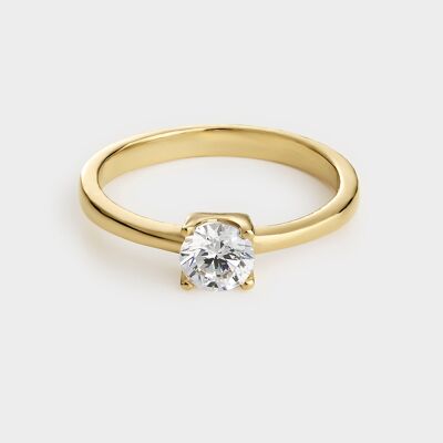 Yellow gold plated silver solitaire ring with 5.25 mm zirconia mounted on 4 claws