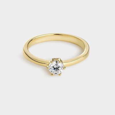 Yellow gold plated silver solitaire ring with 4.5 mm zirconia mounted on 6 claws