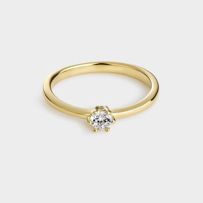 Yellow gold plated silver solitaire ring with 3.8 mm zirconia mounted on 6 claws