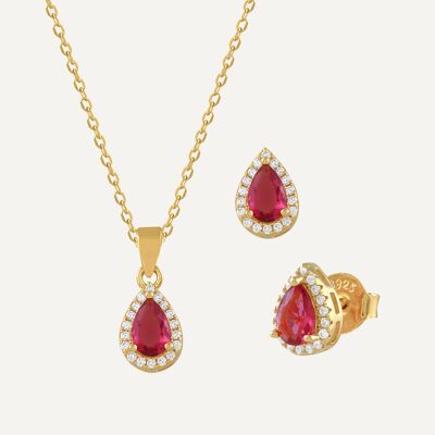 Gold-plated necklace and earrings set with white and red zircons