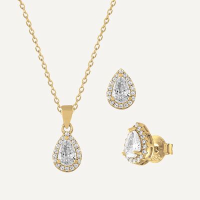 Teardrop necklace and earrings set with zircons