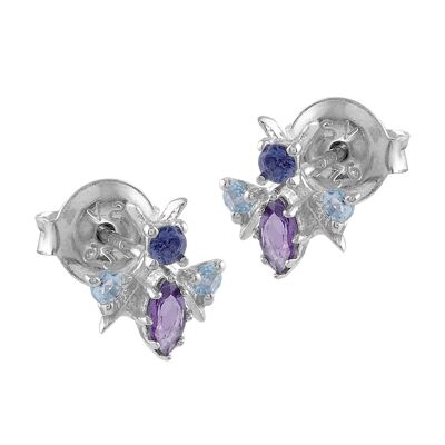 Silver amethyst and blue topaz bee earrings