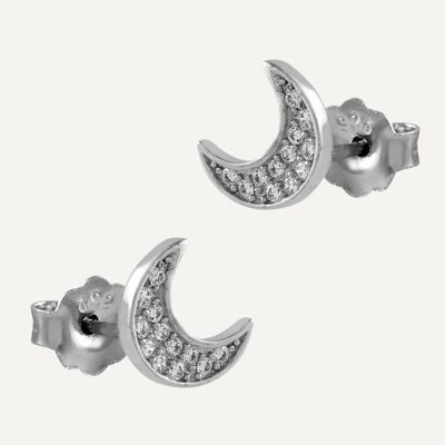Silver Beveled Moon Earrings with Zirconia