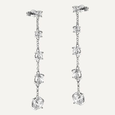 Cascading silver earrings with white zircons