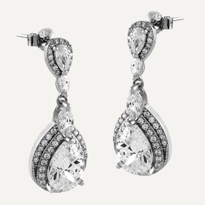 Silver water drop earrings with white zircons