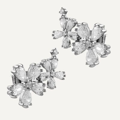 Silver flower earrings and white zircons