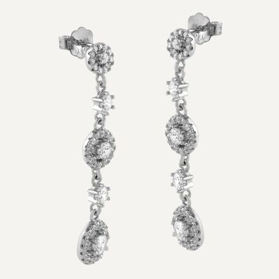 Long silver earrings and circular zircons