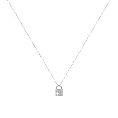 Silver necklace with padlock and white zircons