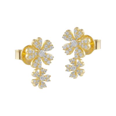 Silver flower earrings with white zircons