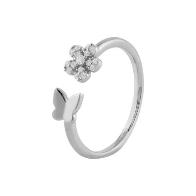 Butterfly and flower silver ring with zircons