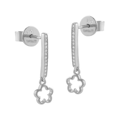 Silver flower earrings with white zircons