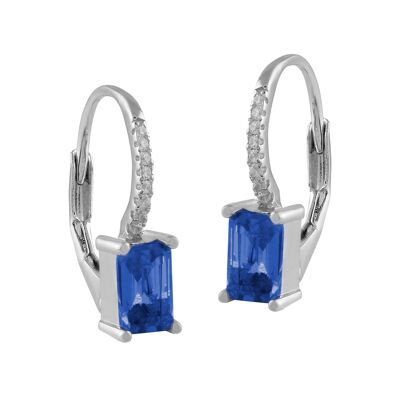 Silver hoop earrings with blue and white zirconia