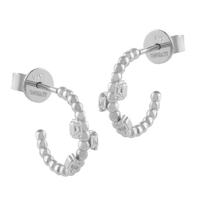Silver hoop earrings with white zircons