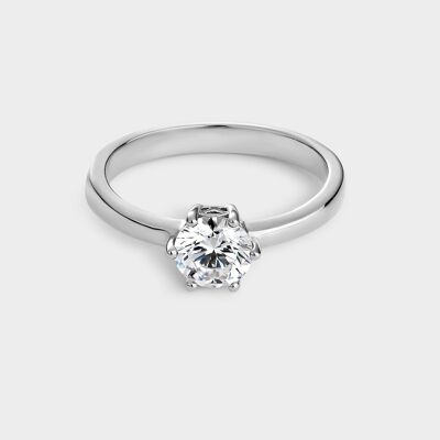 Silver solitaire ring with 6 mm zirconia mounted on 6 claws