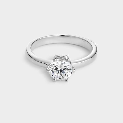 Silver solitaire ring with 6.5 mm zirconia mounted on 6 claws
