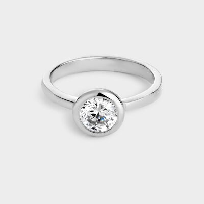 Silver solitaire ring with 6.5mm bezel set zirconia