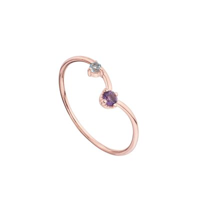 Amethyst and blue topaz ring plated in rose gold