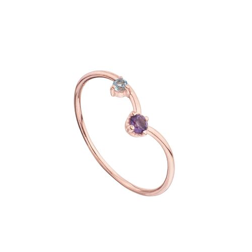 Anillo amatista y topacio azul bañado en oro rosa