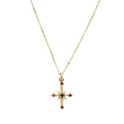 Gold-plated garnet and black onyx cross necklace