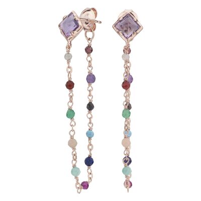 Rose gold multi beads and amethyst chain earrings