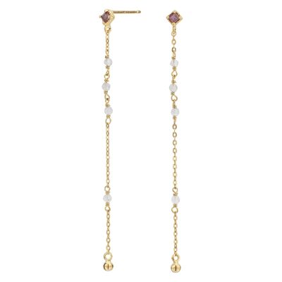 Gold plated rhodolite garnet long earrings