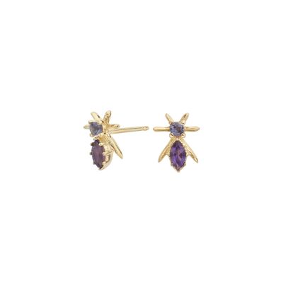 Gold plated iolite and amethyst chandelier earrings