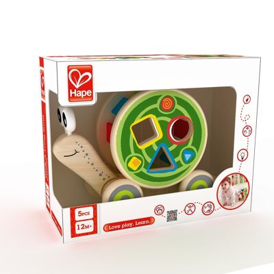 Hape - Juguete de madera - Juguete para tirar - Caracol rodante con juego de formas