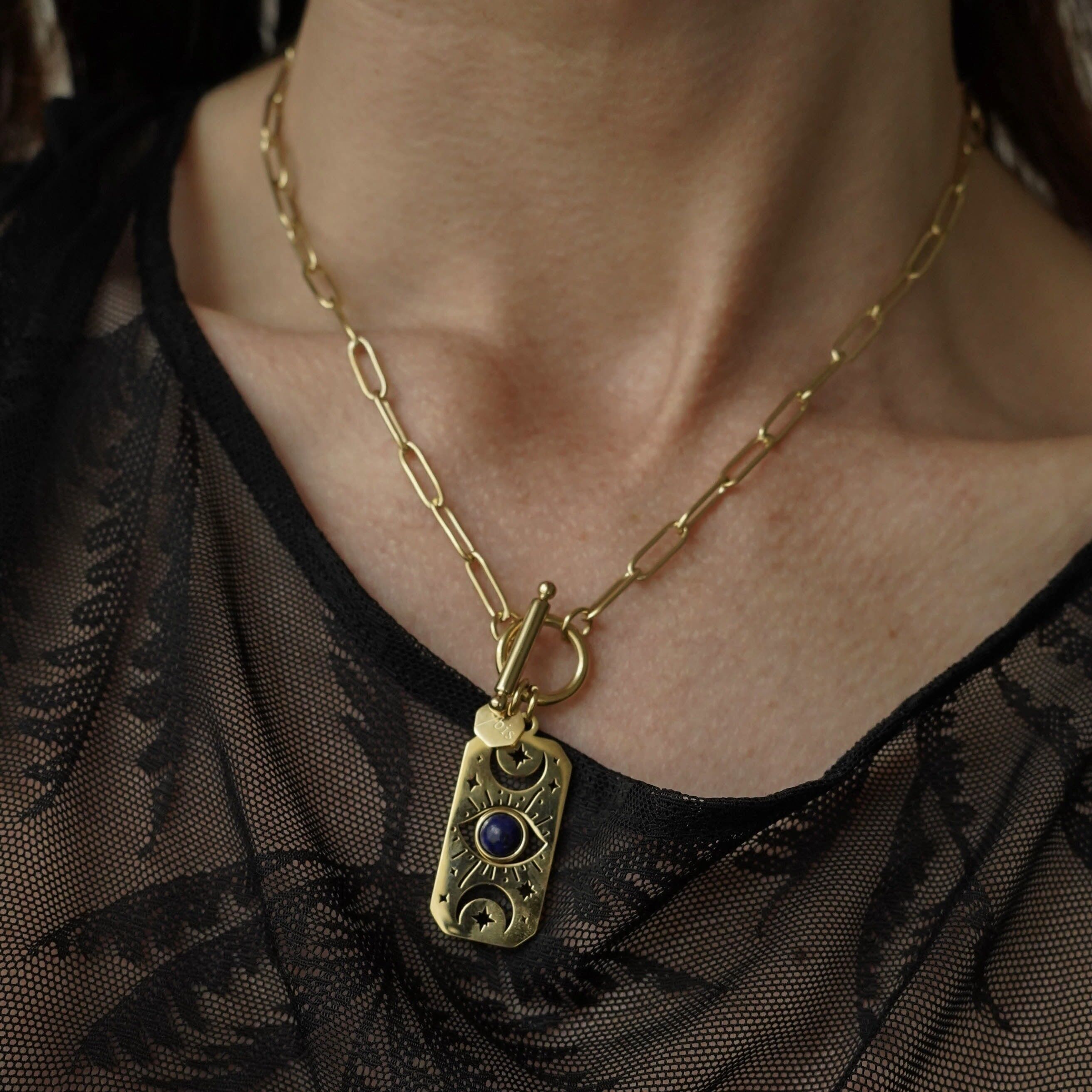 Collana in maglia d'acciaio con ciondolo Moon Star Eye in pietra naturale