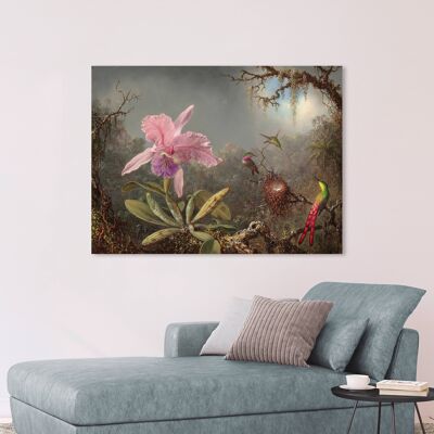 Peinture botanique, impression sur toile : Martin Johnson Heade, Orchidée en fleur et trois colibris