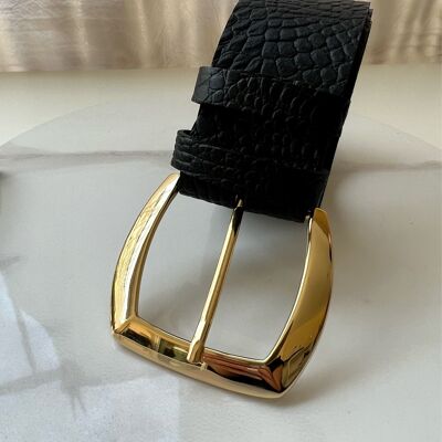 Gold Buckle Belt, Wide Leather Belt, Black Leather Belt, Women Leather Belt, Gift for Her, Made in Greece - Gold n Croco