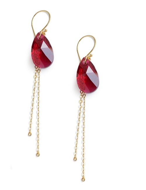 Gold dangle earrings with Ruby crystal drops