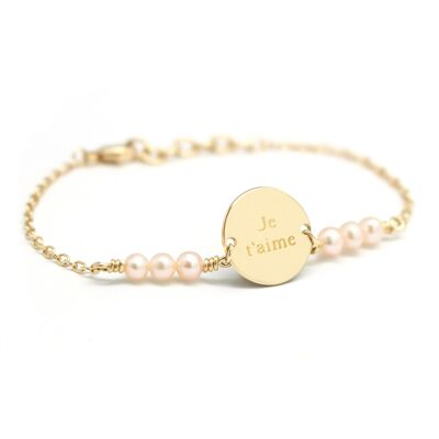 Chain bracelet and gold-plated freshwater pearl medallion - JE T'AIME engraving