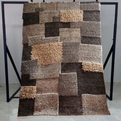 Tapis patchwork 100% laine, gris, anthracite, beige, 240x170, éco-responsable, tissé au Maroc