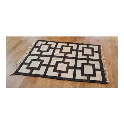 Marokkanischer böhmischer Teppich, anthrazitfarbenes geometrisches Design, cremefarbene Wolle, natürlicher Teppich