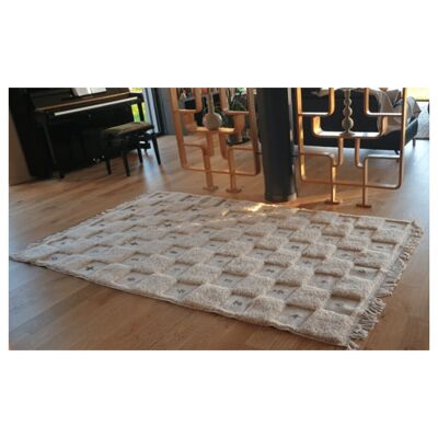 Alfombra bohemia marroquí, tablero de ajedrez grande con mechones, lana crema bordada, alfombra natural