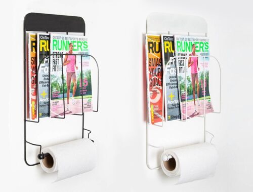 White and black metal magazine racks with roll holder