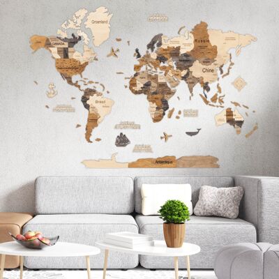 Mappa del mondo 3D in legno - 6 colori - 3 dimensioni, Creatifwood