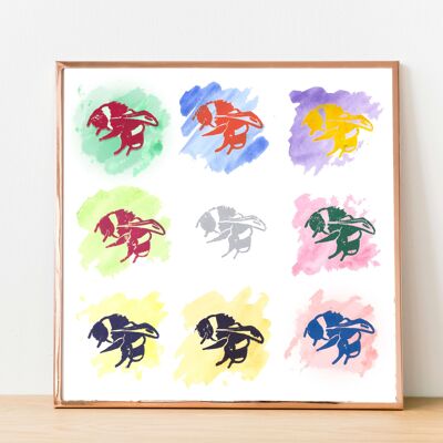 Reproduction Nature Print of Multicoloured 'Rainbow Bees' 3 by 3 arrangement