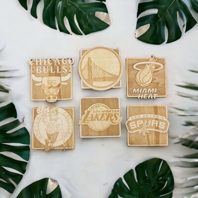 Set of 6 NBA Collection  Wood Coasters - Housewarming Gift